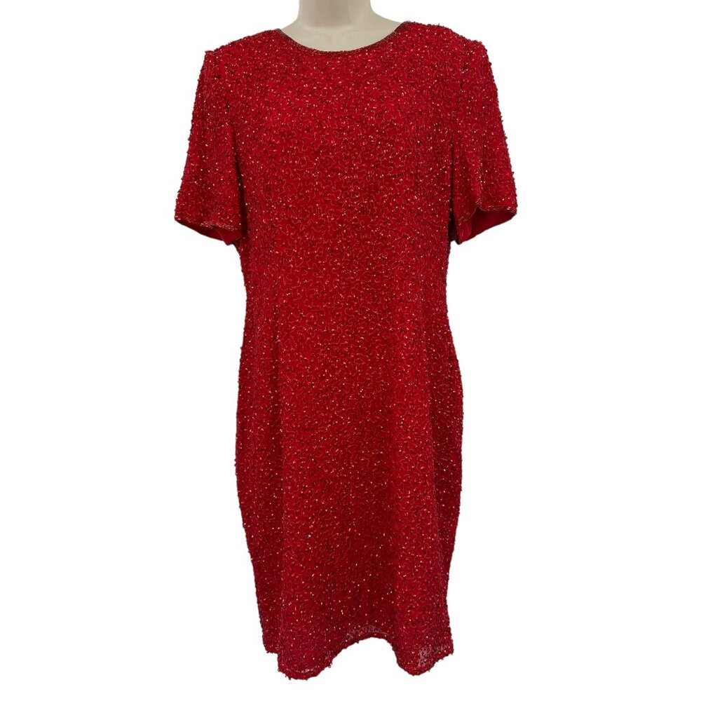 VTG Parisian Room Red Beaded Sequin Sheath Flapper Silk Holiday Party Dress 10